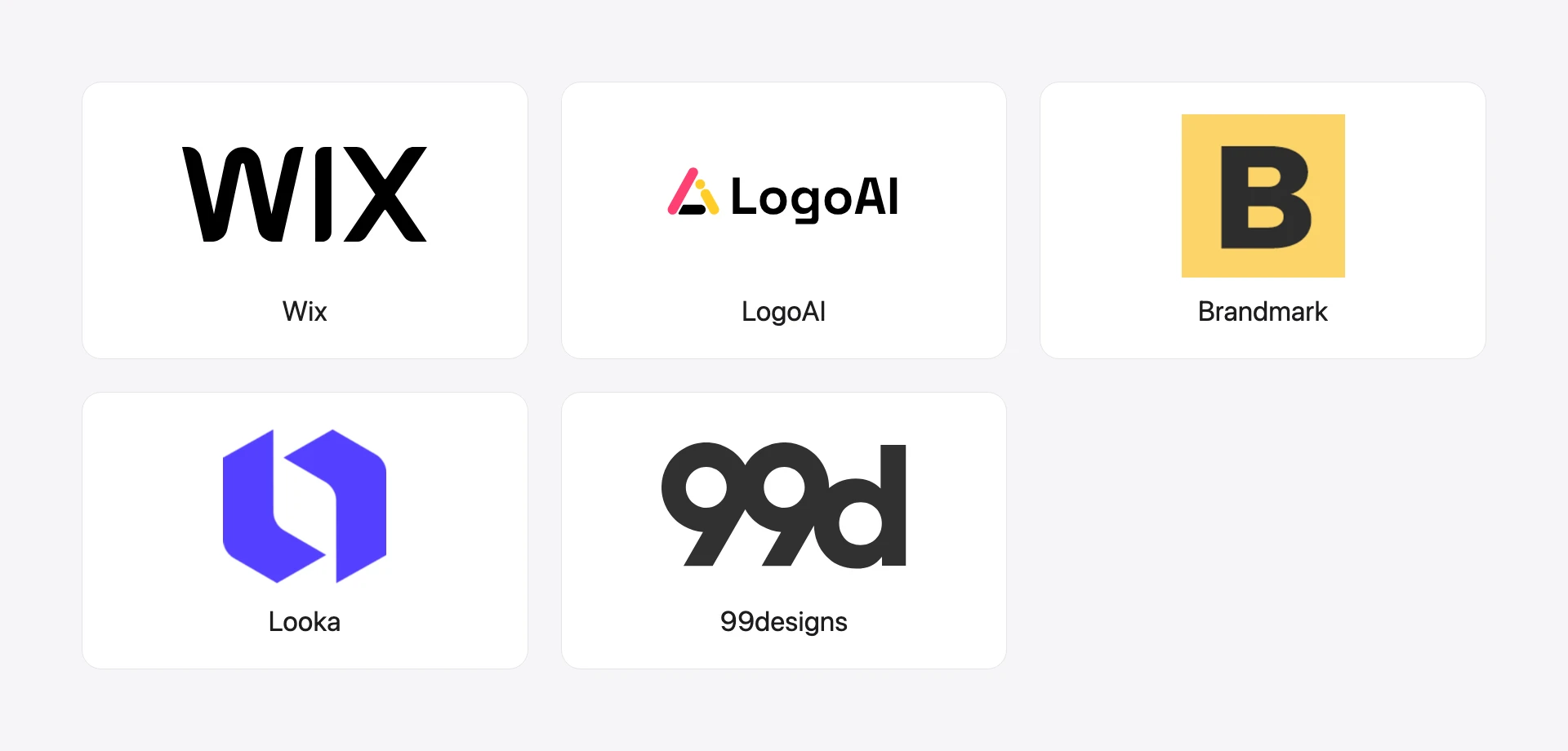 Logos of Wix, LogoAI, Brandmark, Looka and 99designs