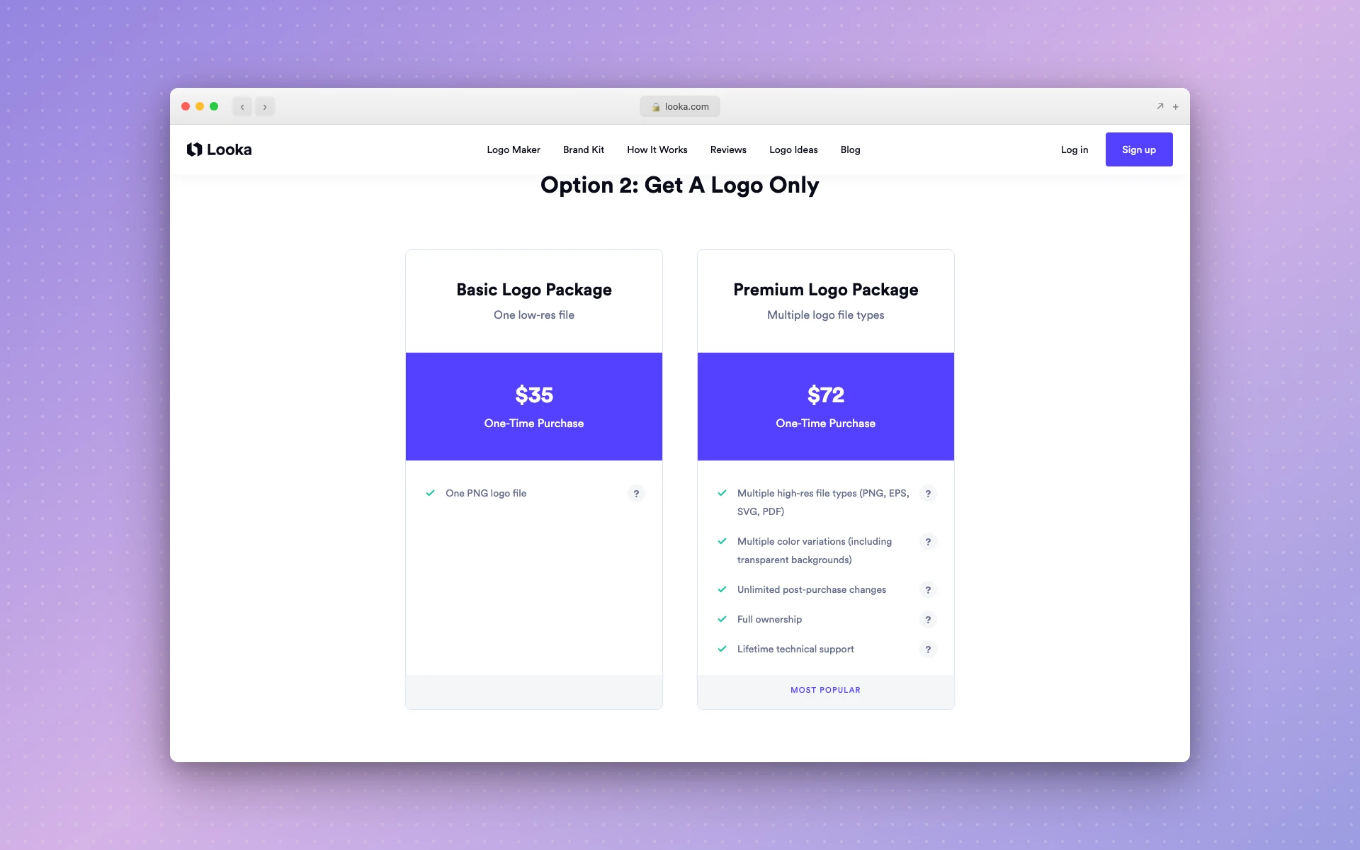 Looka pricing page showing the Basic Logo Package at $35 and the Premium Logo Package at $72