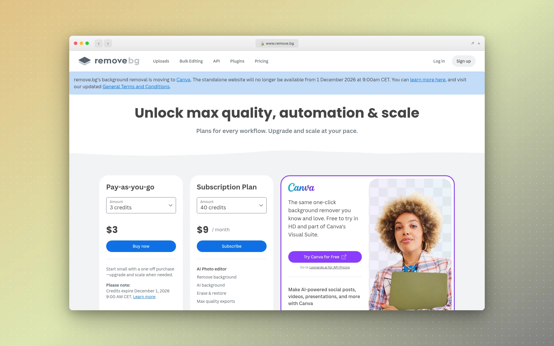 remove.bg pricing page