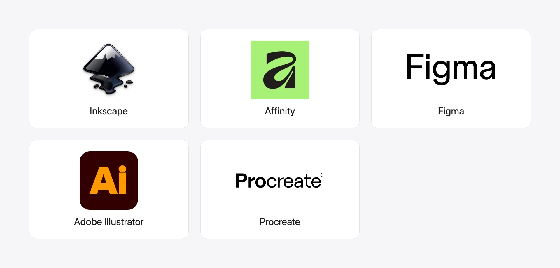 The logos of Inkscape, Affinity, Figma, Adobe Illustrator and Procreate