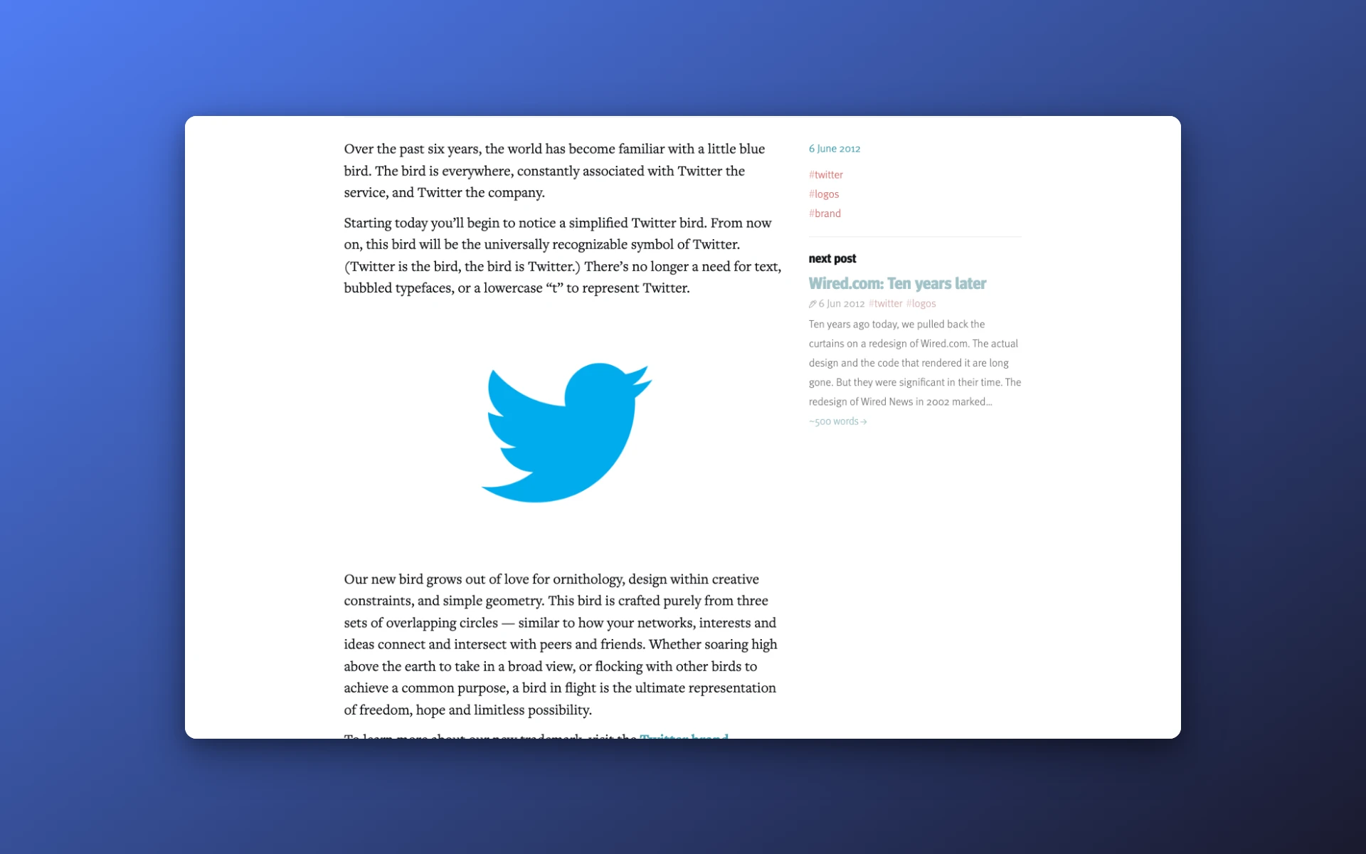 Doug Bowman's 2012 post showing the redesigned Twitter bird logo