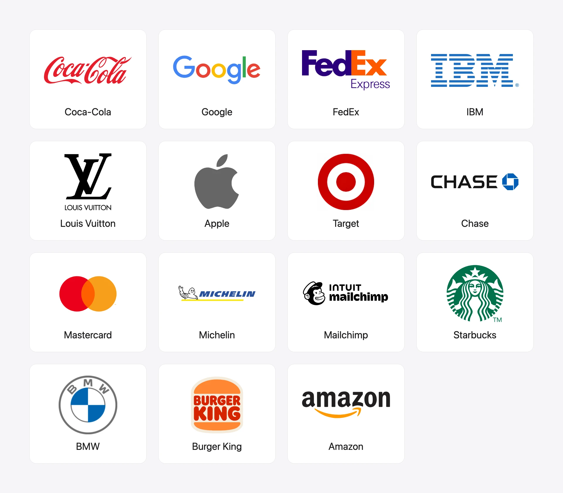 The logos of Coca-Cola, Google, FedEx, IBM, Louis Vuitton, Apple, Target, Chase, Mastercard, Michelin, Mailchimp, Starbucks, BMW, Burger King and Amazon