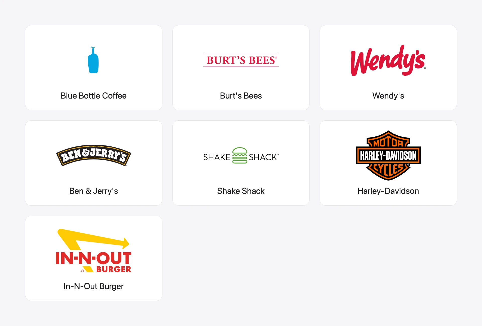 The logos of Blue Bottle Coffee, Burt's Bees, Wendy's, Ben & Jerry's, Shake Shack, Harley-Davidson and In-N-Out Burger