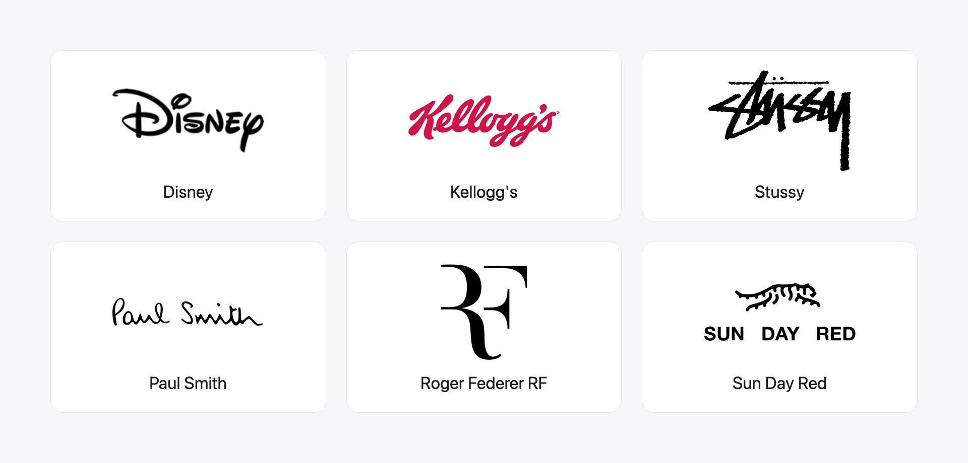 The logos of Disney, Kellogg's, Stussy, Paul Smith, Roger Federer's RF and Sun Day Red
