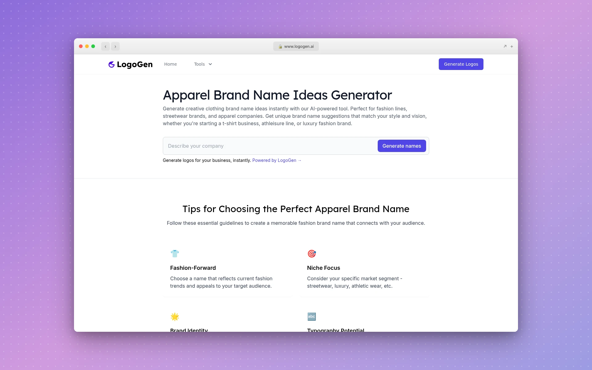 Apparel brand name ideas generator page with its tips for choosing a fashion brand name