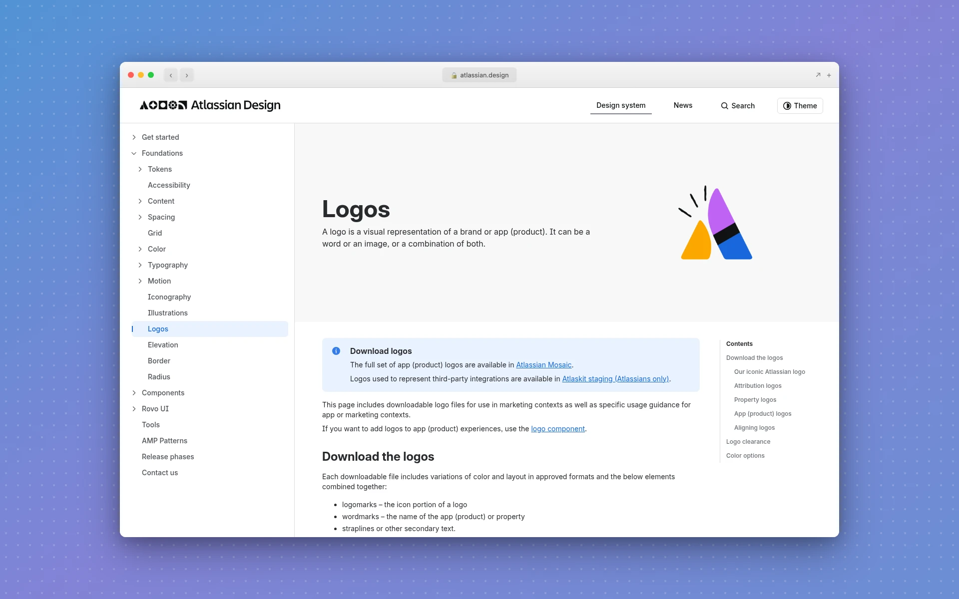 Atlassian Design System logos page defining logomarks and wordmarks