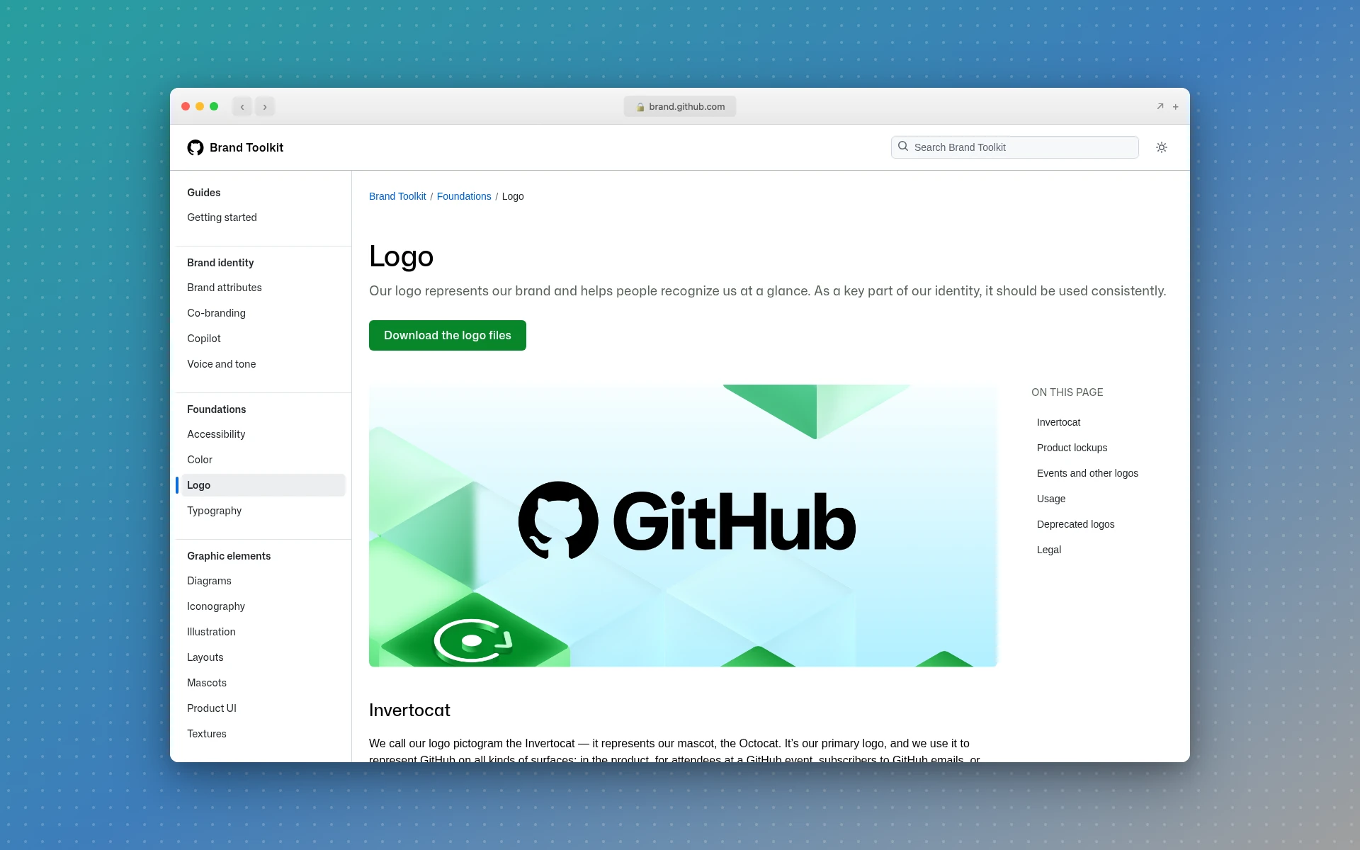 GitHub Brand Toolkit logo page showing the Invertocat and GitHub wordmark lockup