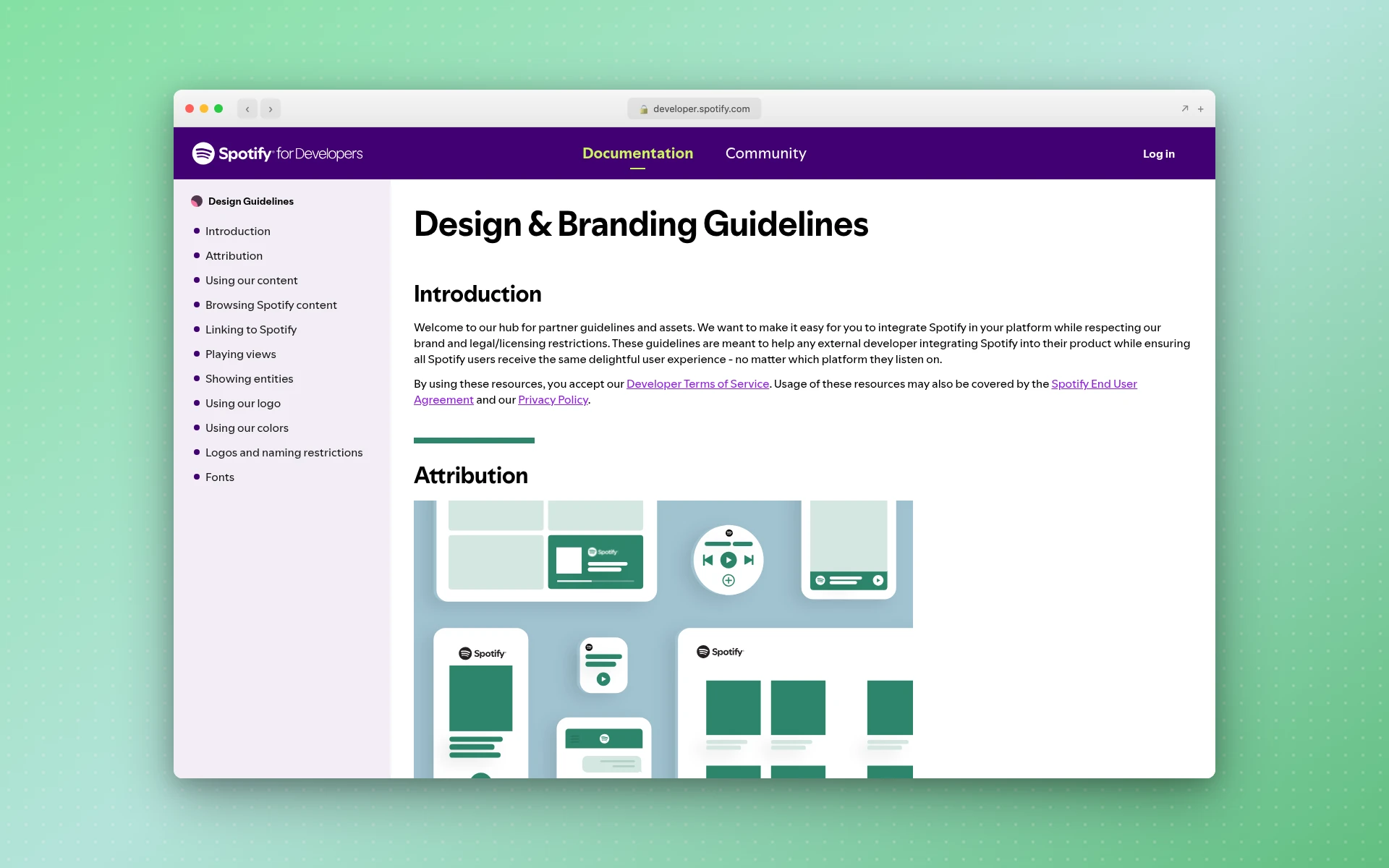 Spotify for Developers Design and Branding Guidelines page